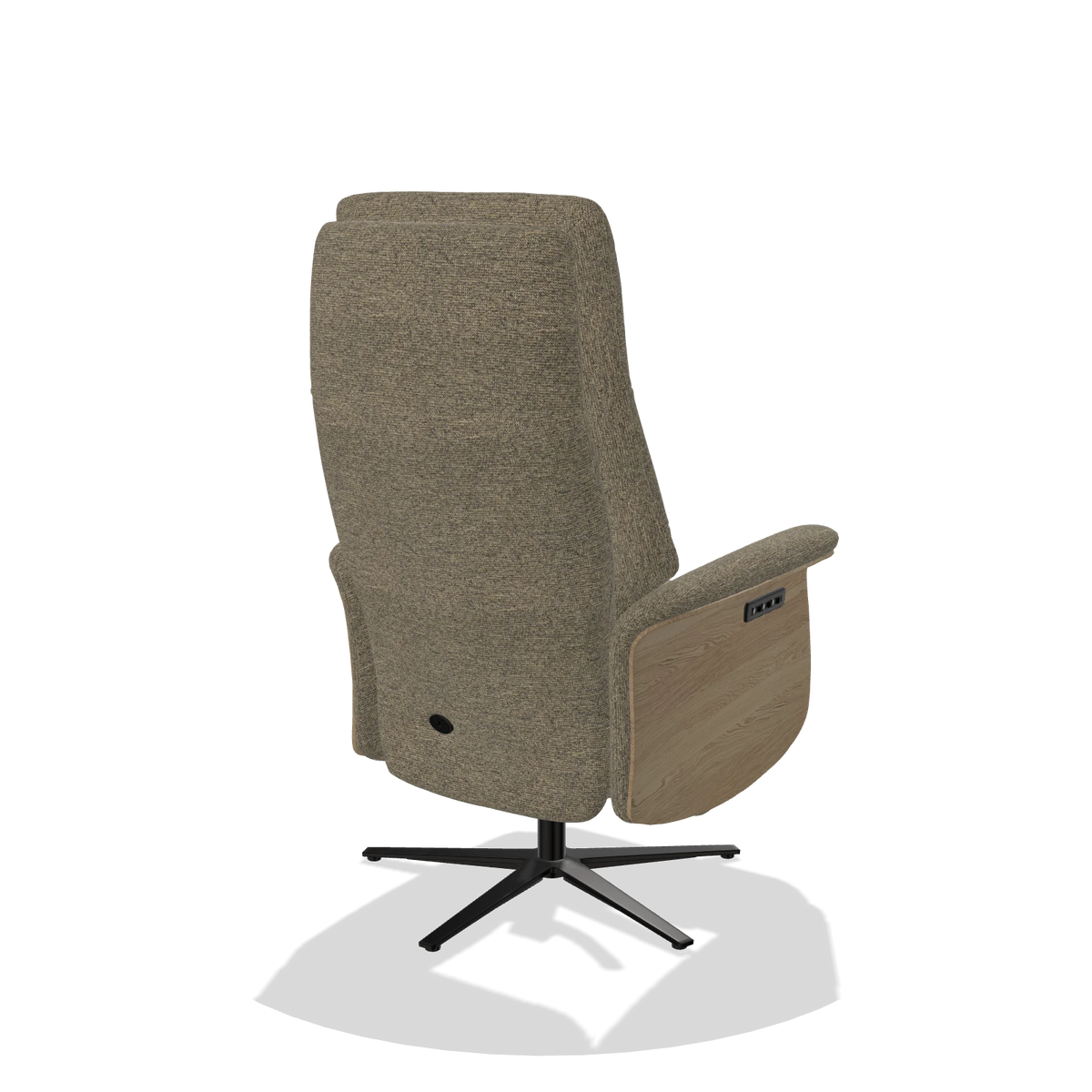 Recliner Atlas 6685 in Sneak 124 fabric (olive), natural wood side panels, black metal base, back angled view