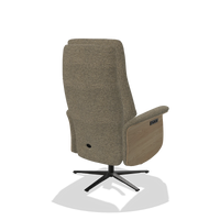 Recliner Atlas 6685 in Sneak 124 fabric (olive), natural wood side panels, black metal base, back angled view