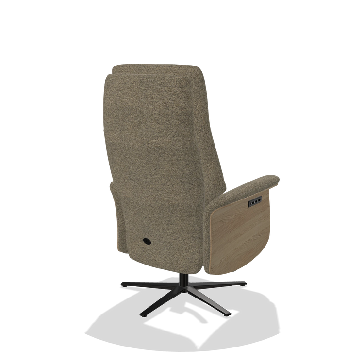 Recliner Atlas 6685 in Sneak 124 fabric (olive), natural wood side panels, black metal base, back angled view