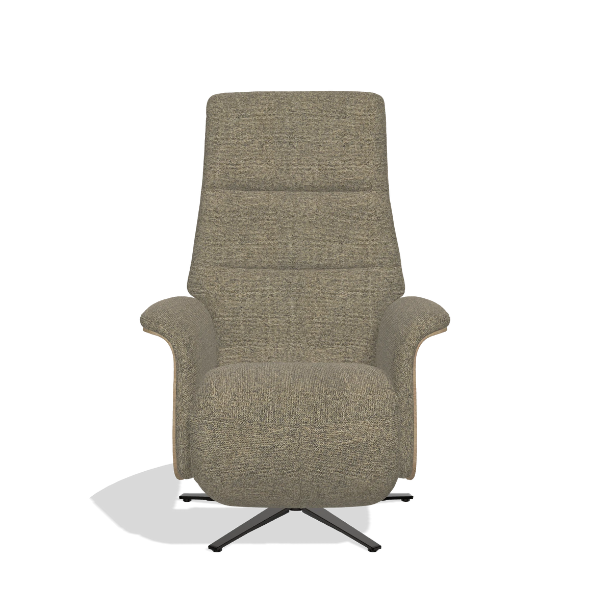 Recliner Atlas 6685 in Sneak 124 fabric (olive), natural wood side panels, black metal base, front view