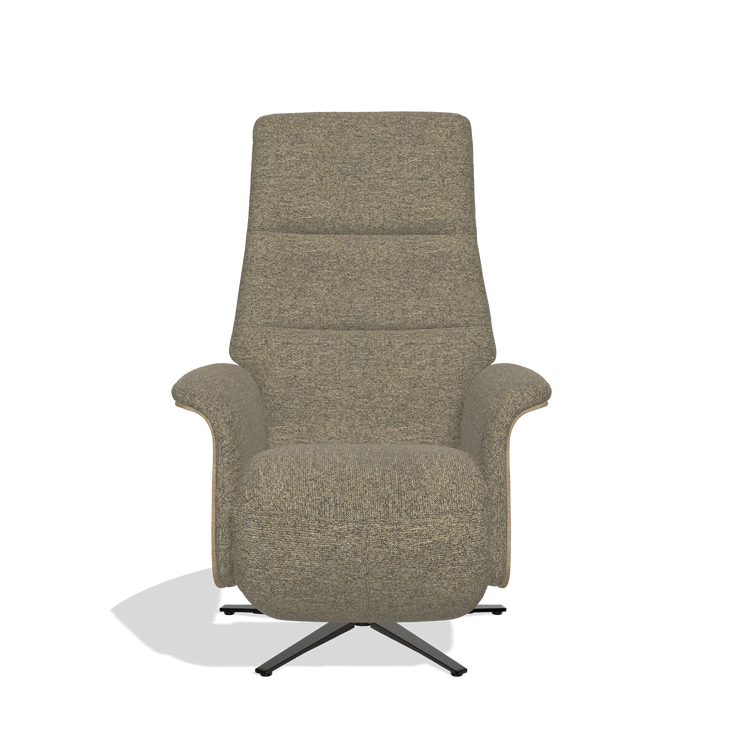 Recliner Atlas 6685 in Sneak 124 fabric (olive), natural wood side panels, black metal base, front view