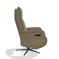 Recliner Atlas 6685 in Sneak 124 fabric (olive), natural wood side panels, black metal base, side view