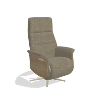Recliner Atlas 6685 in Sneak 124 fabric (olive), natural wood side panels, champagne metal base, angled view