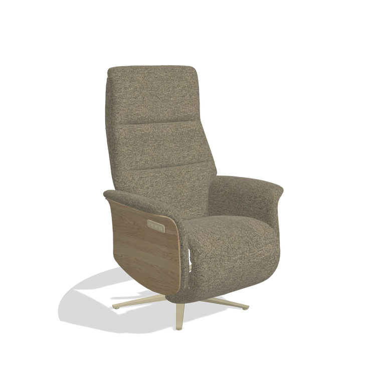 Recliner Atlas 6685 in Sneak 124 fabric (olive), natural wood side panels, champagne metal base, angled view