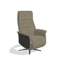 Recliner Atlas 6685 in Sneak 124 fabric (olive), tobacco wood side panels, black metal base, angled view