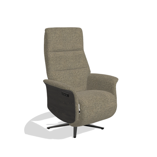 Sillón reclinable Atlas 6685 en tela Sneak 124 (oliva), paneles laterales de madera en tabaco, base metálica en negro, vista en ángulo