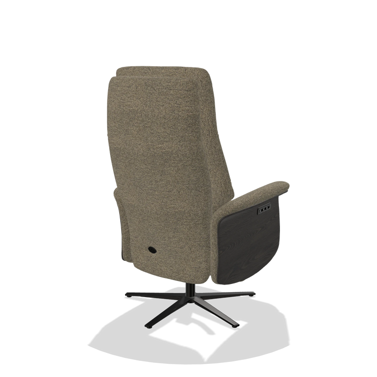 Recliner Atlas 6685 in Sneak 124 fabric (olive), tobacco wood side panels, black metal base, back angled view