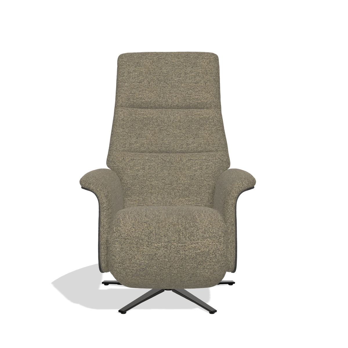 Recliner Atlas 6685 in Sneak 124 fabric (olive), tobacco wood side panels, black metal base, front view