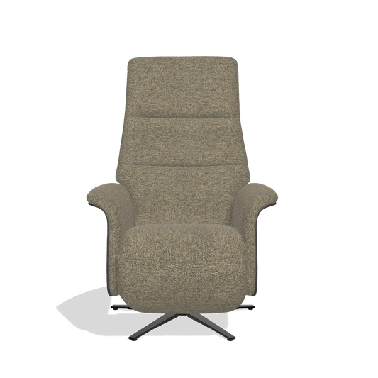 Sillón reclinable Atlas 6685 en tela Sneak 124 (oliva), paneles laterales de madera en tabaco, base metálica en negro, vista frontal