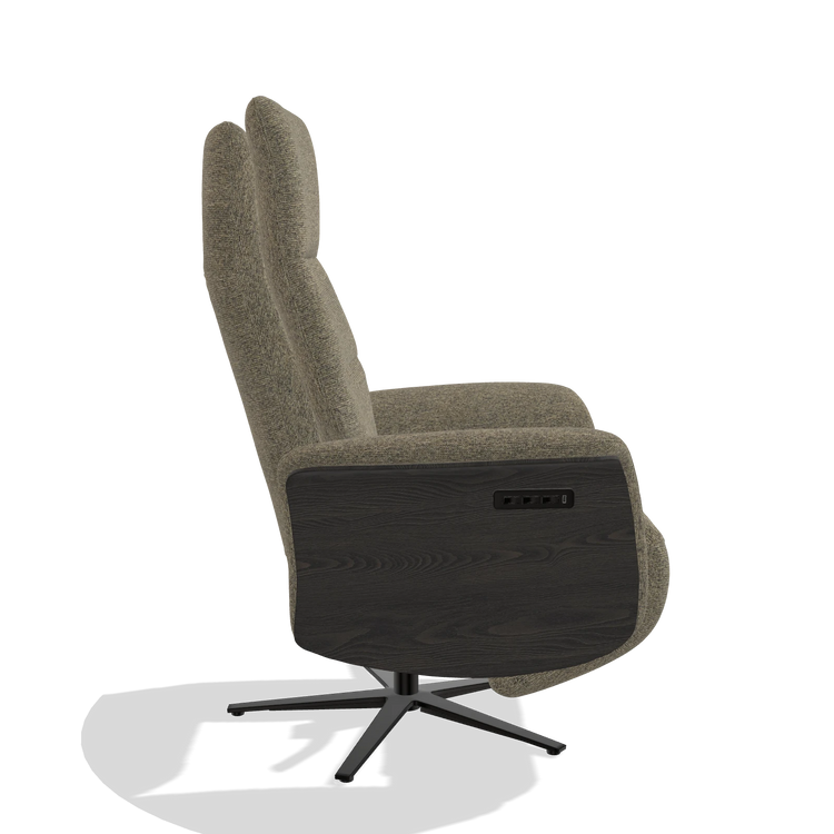 Recliner Atlas 6685 in Sneak 124 fabric (olive), tobacco wood side panels, black metal base, side view