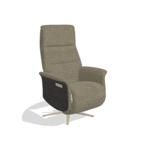 Recliner Atlas 6685 in Sneak 124 fabric (olive), tobacco wood side panels, champagne metal base, angled view