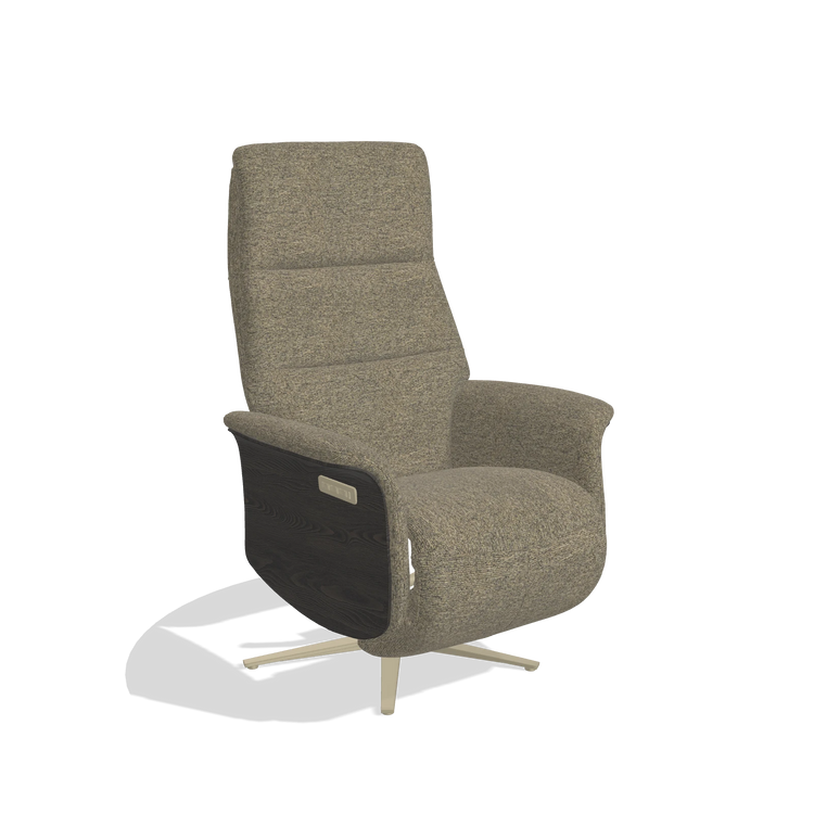 Recliner Atlas 6685 in Sneak 124 fabric (olive), tobacco wood side panels, champagne metal base, angled view
