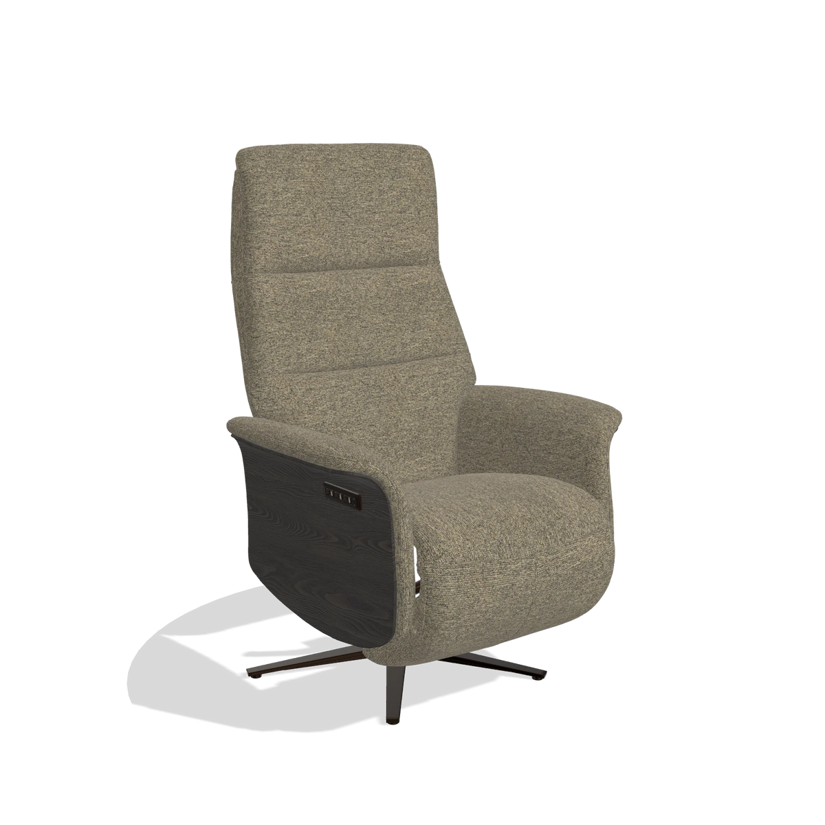 Recliner Atlas 6685 in Sneak 124 fabric (olive), tobacco wood side panels, espresso metal base, angled view