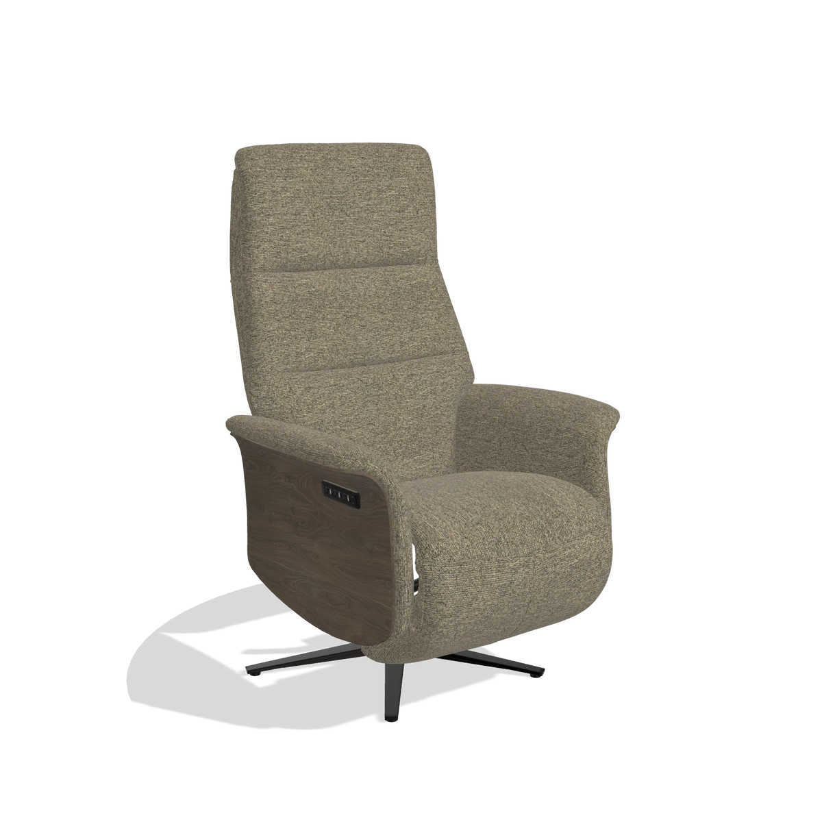 Recliner Atlas 6685 in Sneak 124 fabric (olive), walnut wood side panels, black metal base, angled view