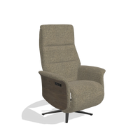 Recliner Atlas 6685 in Sneak 124 fabric (olive), walnut wood side panels, black metal base, angled view