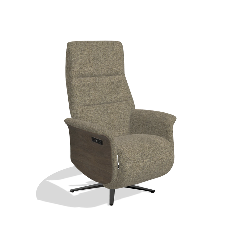 Recliner Atlas 6685 in Sneak 124 fabric (olive), walnut wood side panels, black metal base, angled view