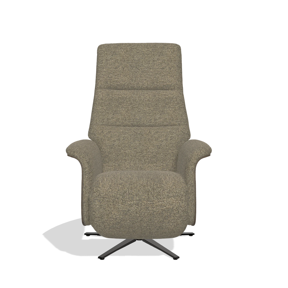 Recliner Atlas 6685 in Sneak 124 fabric (olive), walnut wood side panels, black metal base, front view