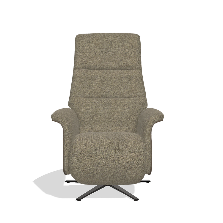 Recliner Atlas 6685 in Sneak 124 fabric (olive), walnut wood side panels, black metal base, front view