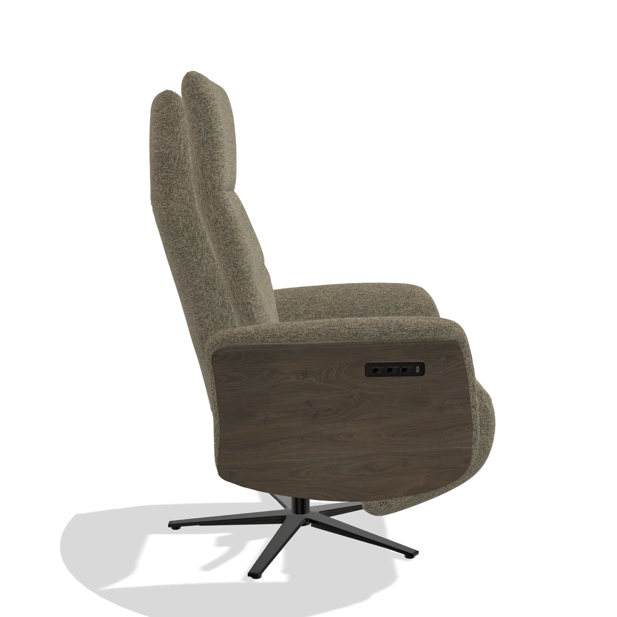 Recliner Atlas 6685 in Sneak 124 fabric (olive), walnut wood side panels, black metal base, side view