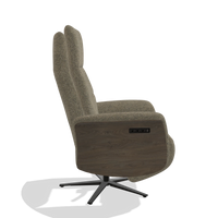 Recliner Atlas 6685 in Sneak 124 fabric (olive), walnut wood side panels, black metal base, side view