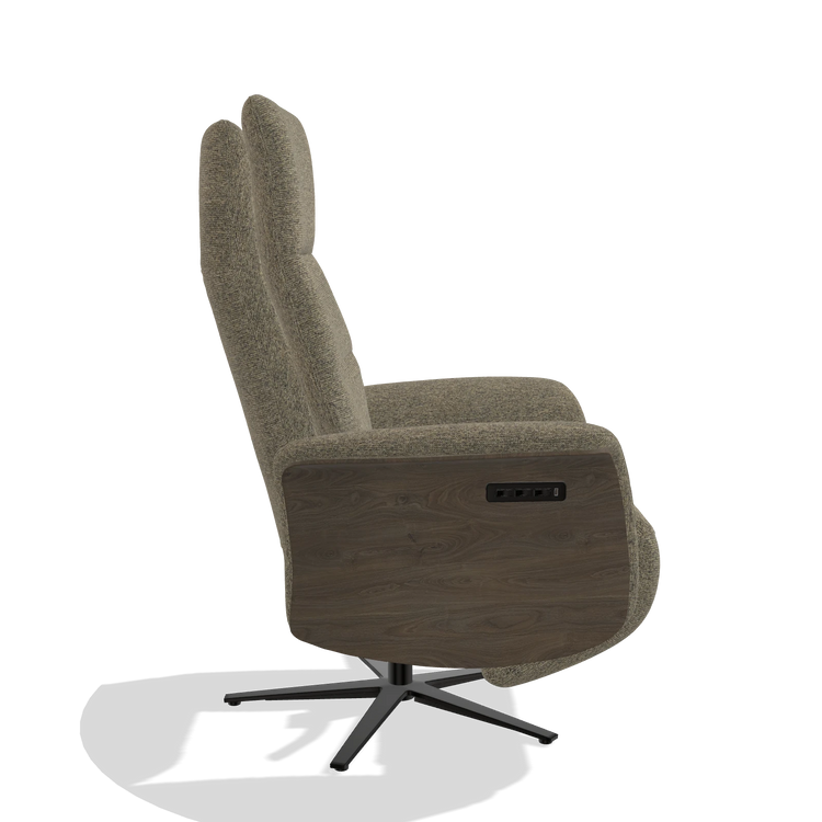 Recliner Atlas 6685 in Sneak 124 fabric (olive), walnut wood side panels, black metal base, side view