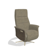 Recliner Atlas 6685 in Sneak 124 fabric (olive), walnut wood side panels, champagne metal base, angled view