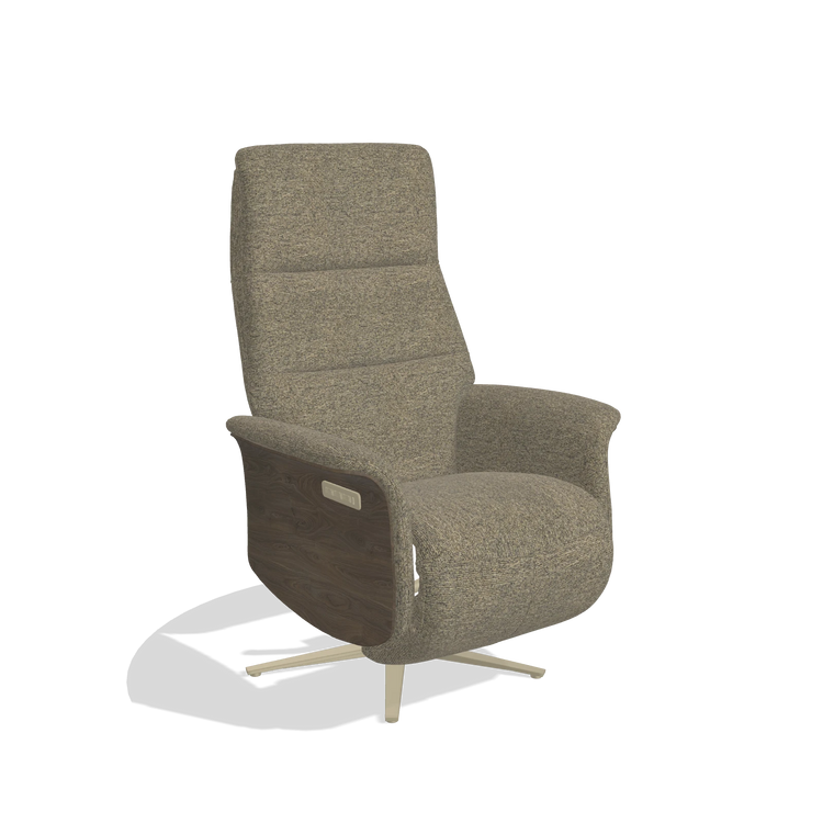 Recliner Atlas 6685 in Sneak 124 fabric (olive), walnut wood side panels, champagne metal base, angled view