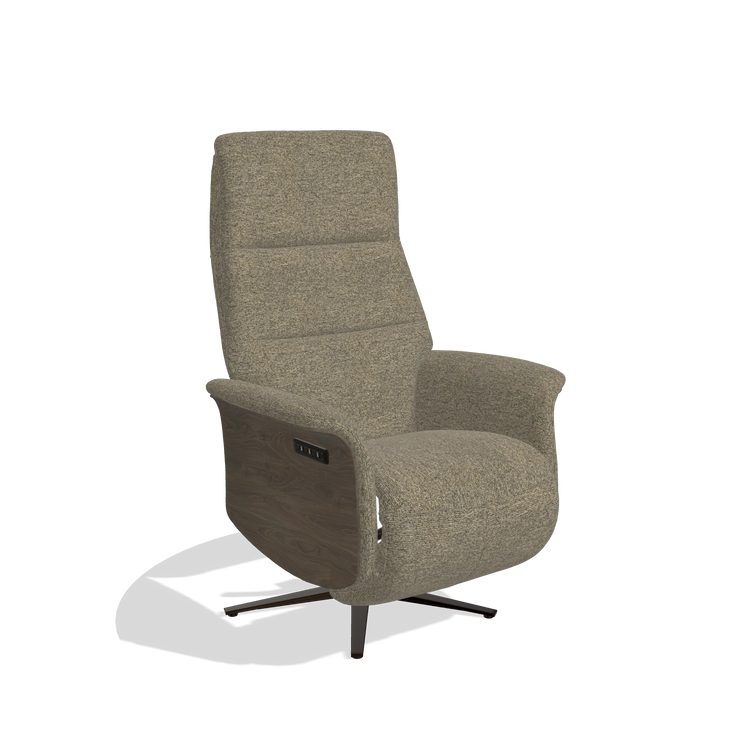 Recliner Atlas 6685 in Sneak 124 fabric (olive), walnut wood side panels, espresso metal base, angled view
