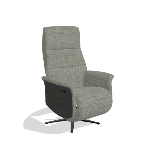 Relaxsessel Atlas 6685 in Stoff Sneak 149 (Taupe), Holzseitenteile in Tabak, Metallfuß in Schwarz, Schrägansicht