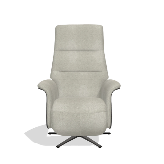 Sillón reclinable Atlas 6685 en tela Stella 01 (greige), paneles laterales de madera en tabaco, base metálica en negro, vista frontal
