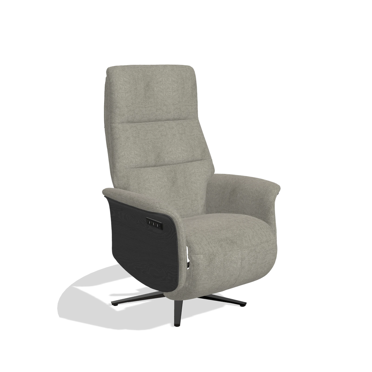 Recliner Atlas 6685 in Stella 10 fabric (taupe), black wood side panels, black metal base, angled view