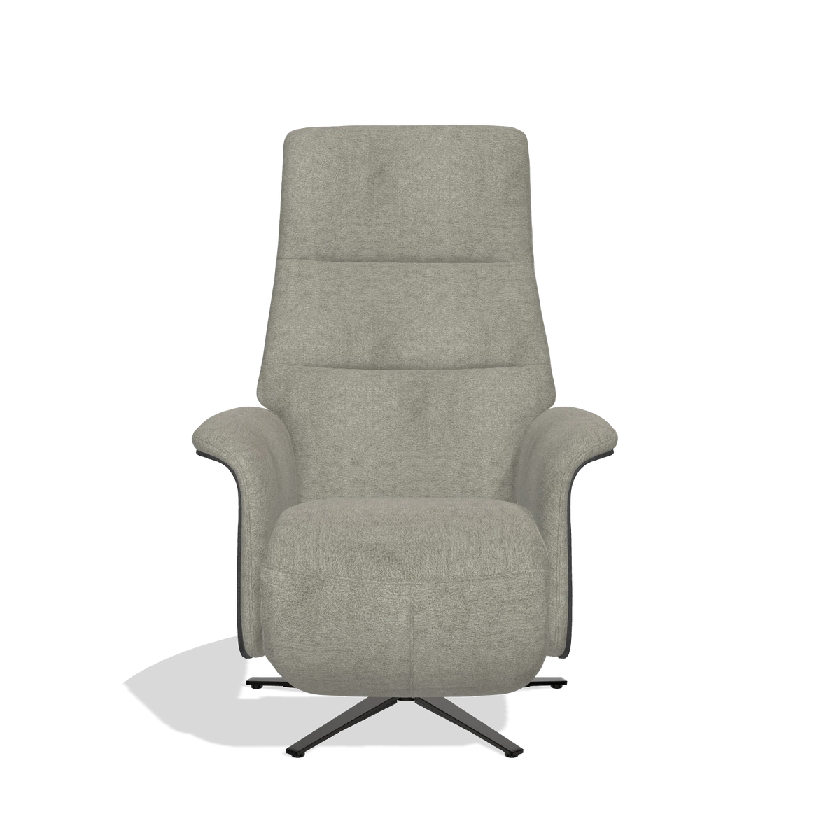 Recliner Atlas 6685 in Stella 10 fabric (taupe), black wood side panels, black metal base, front view