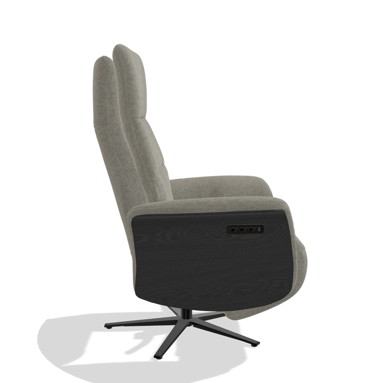 Recliner Atlas 6685 in Stella 10 fabric (taupe), black wood side panels, black metal base, side view