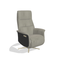 Recliner Atlas 6685 in Stella 10 fabric (taupe), black wood side panels, champagne metal base, angled view