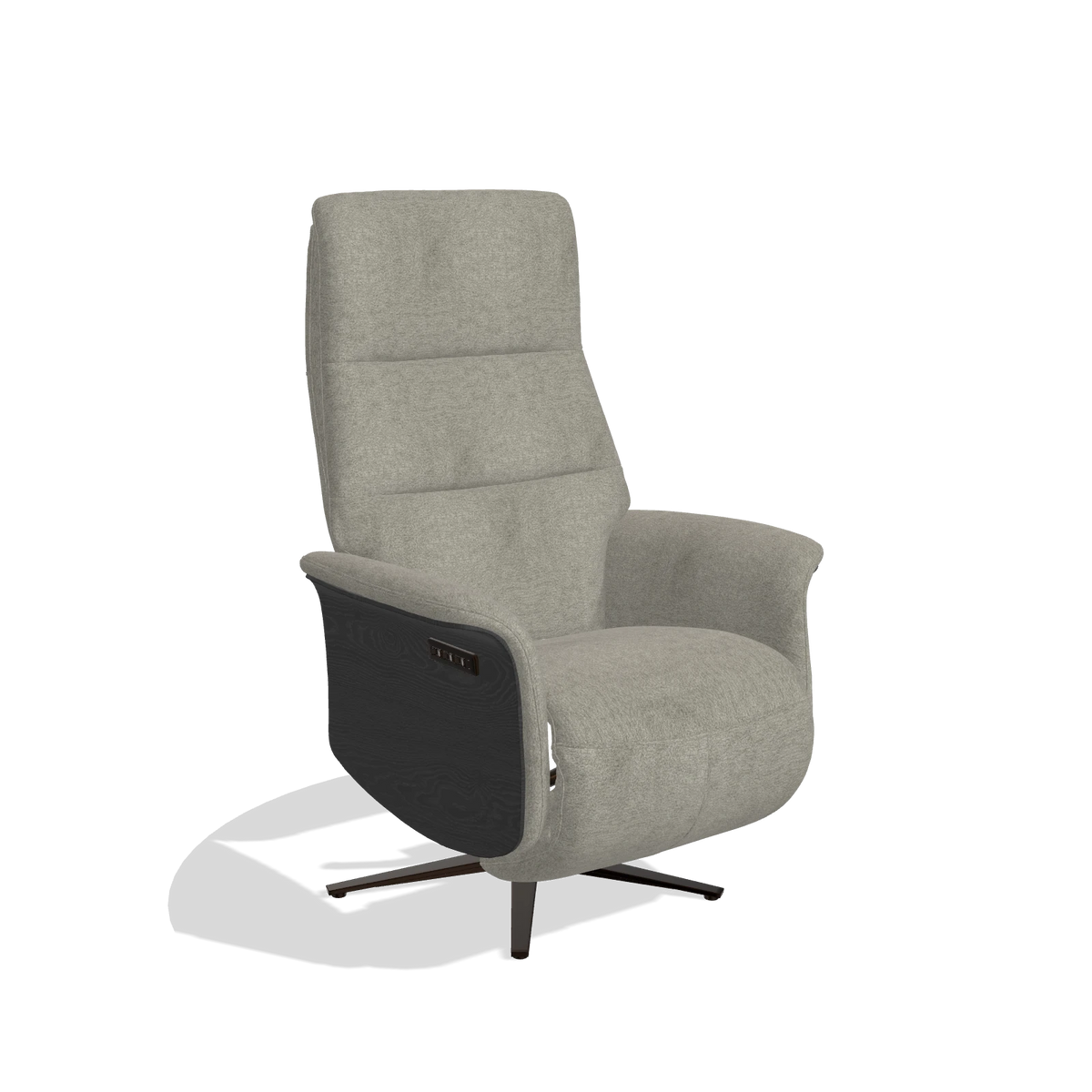 Recliner Atlas 6685 in Stella 10 fabric (taupe), black wood side panels, espresso metal base, angled view