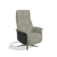 Recliner Atlas 6685 in Stella 10 fabric (taupe), black wood side panels, espresso metal base, angled view