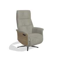 Recliner Atlas 6685 in Stella 10 fabric (taupe), natural wood side panels, black metal base, angled view