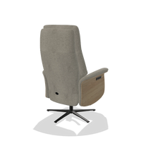 Recliner Atlas 6685 in Stella 10 fabric (taupe), natural wood side panels, black metal base, back angled view