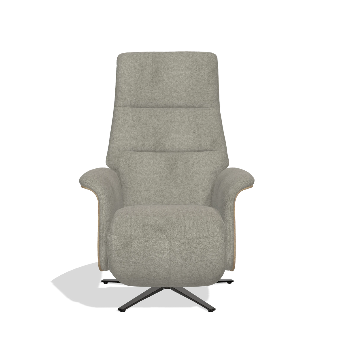 Recliner Atlas 6685 in Stella 10 fabric (taupe), natural wood side panels, black metal base, front view