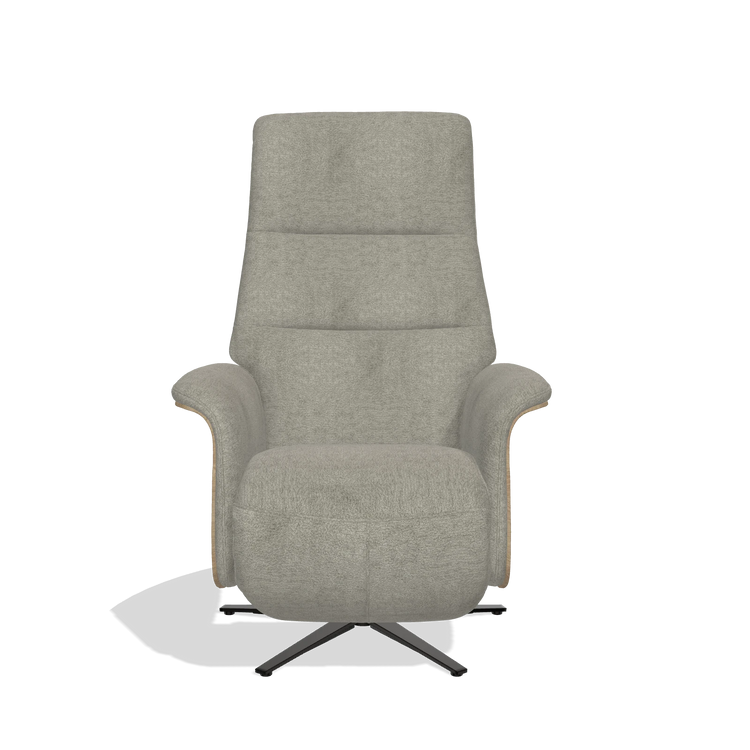 Recliner Atlas 6685 in Stella 10 fabric (taupe), natural wood side panels, black metal base, front view