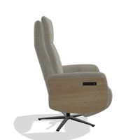 Recliner Atlas 6685 in Stella 10 fabric (taupe), natural wood side panels, black metal base, side view