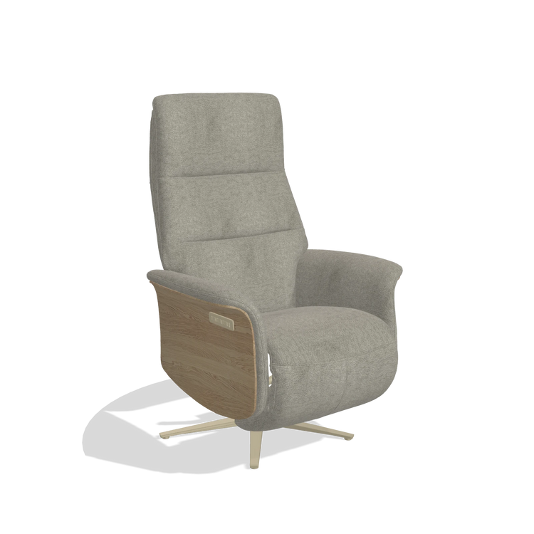 Recliner Atlas 6685 in Stella 10 fabric (taupe), natural wood side panels, champagne metal base, angled view