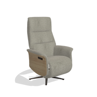 Recliner Atlas 6685 in Stella 10 fabric (taupe), natural wood side panels, espresso metal base, angled view
