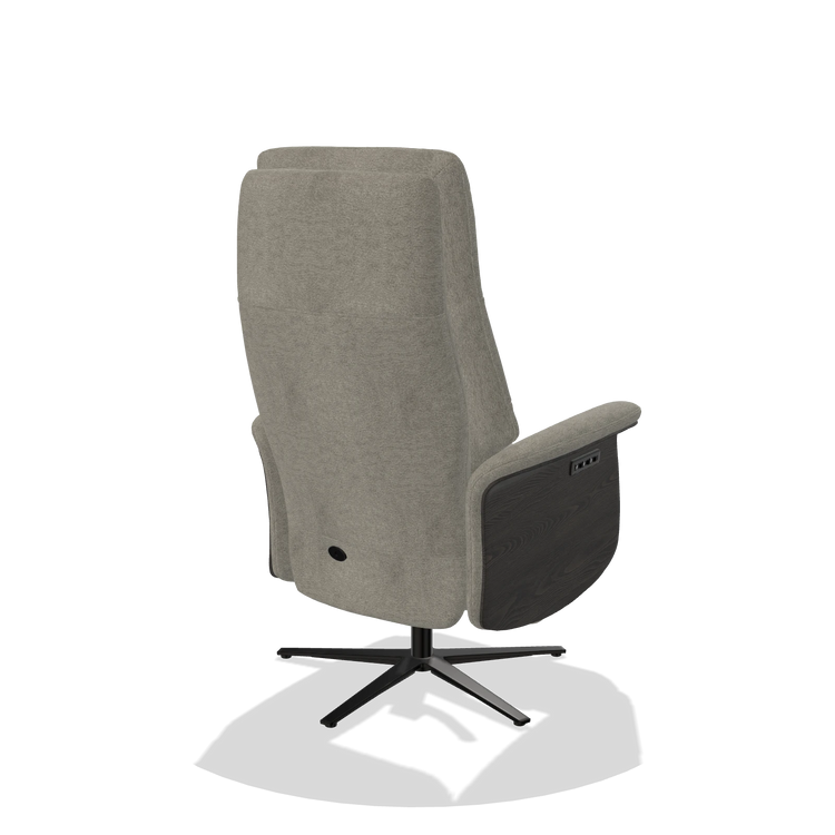 Recliner Atlas 6685 in Stella 10 fabric (taupe), tobacco wood side panels, black metal base, back angled view