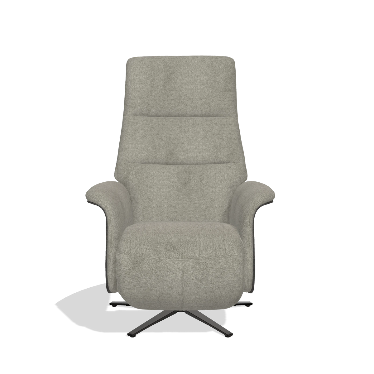 Recliner Atlas 6685 in Stella 10 fabric (taupe), tobacco wood side panels, black metal base, front view