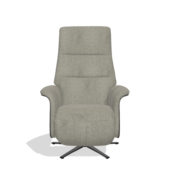 Recliner Atlas 6685 in Stella 10 fabric (taupe), tobacco wood side panels, black metal base, front view
