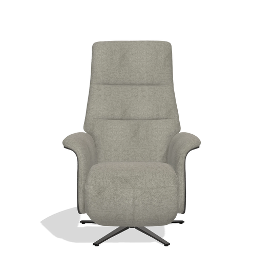 Sillón reclinable Atlas 6685 en tela Stella 10 (topo), paneles laterales de madera en tabaco, base metálica en negro, vista frontal