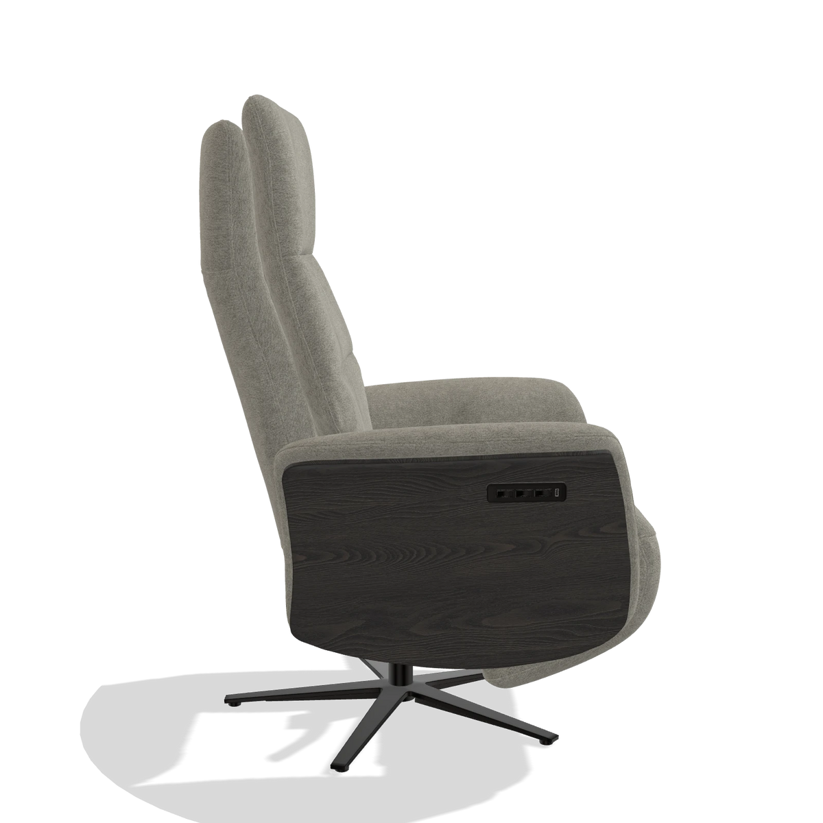 Recliner Atlas 6685 in Stella 10 fabric (taupe), tobacco wood side panels, black metal base, side view