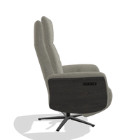 Recliner Atlas 6685 in Stella 10 fabric (taupe), tobacco wood side panels, black metal base, side view