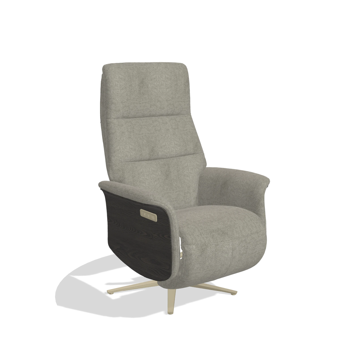 Recliner Atlas 6685 in Stella 10 fabric (taupe), tobacco wood side panels, champagne metal base, angled view